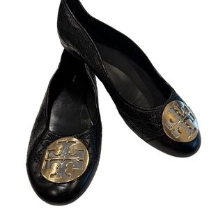 TORY BURCH Claire Quilted Ballet Flat Black Size 8.5 EUC Worn Once